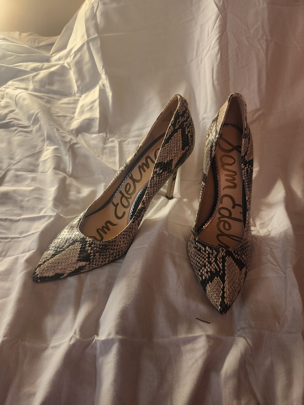 Sam Edelman Pointed Toe Snake-Print Pumps in Black & Cream 7.5